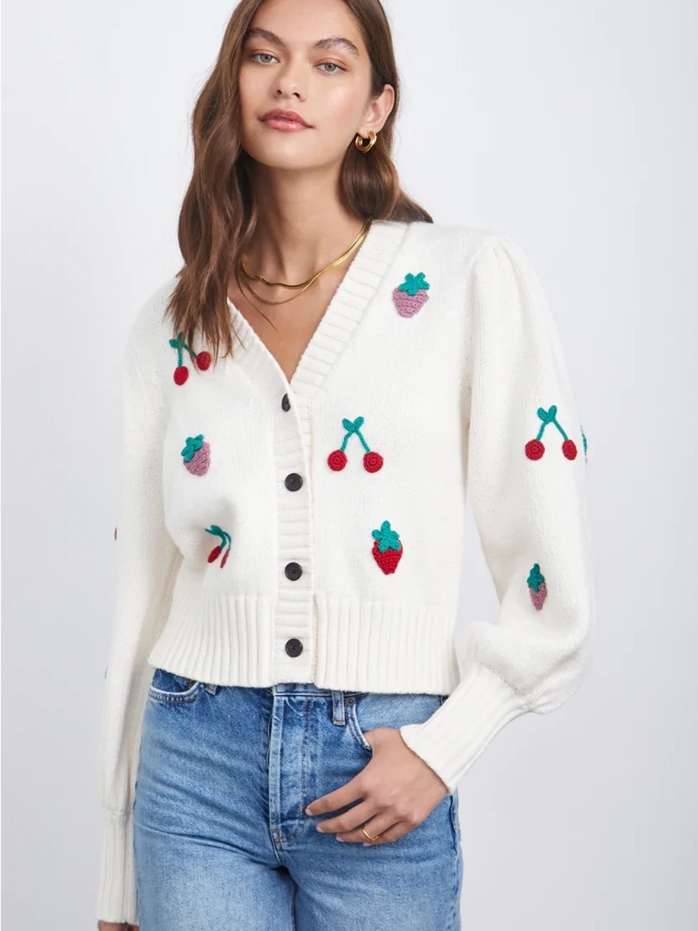 Rails Esther V-Neck Fruit-Appliqué Cardigan Sweater Sz S